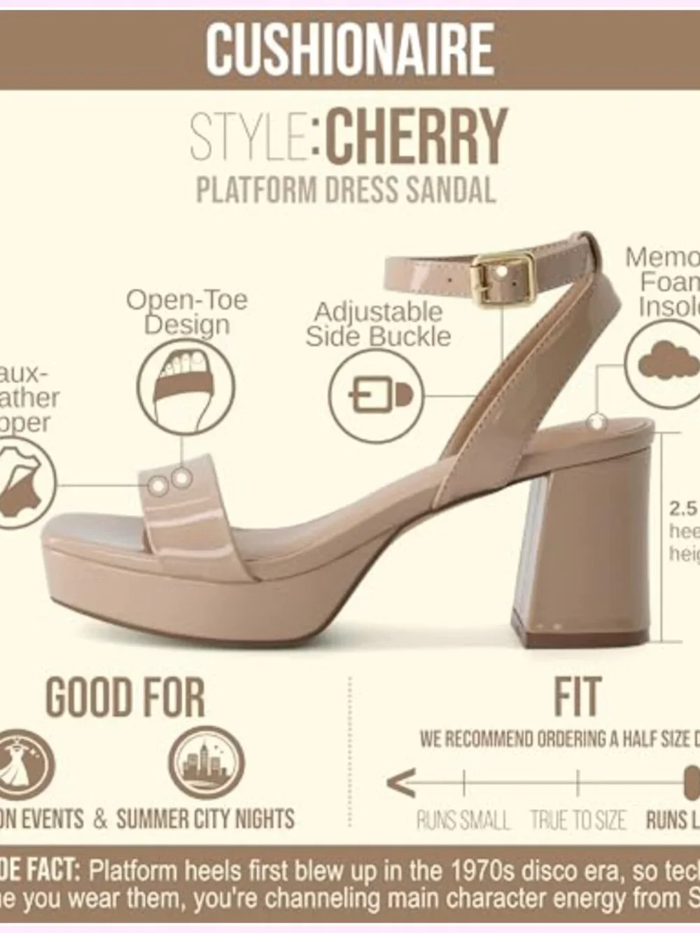 Platform Heeled Sandals with Memory Foam, Ankle Strap, Faux Leather, Open Toe,
